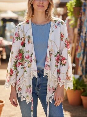 Floral Lace-Trim Sheer Tie-Front Robe - White/Pink